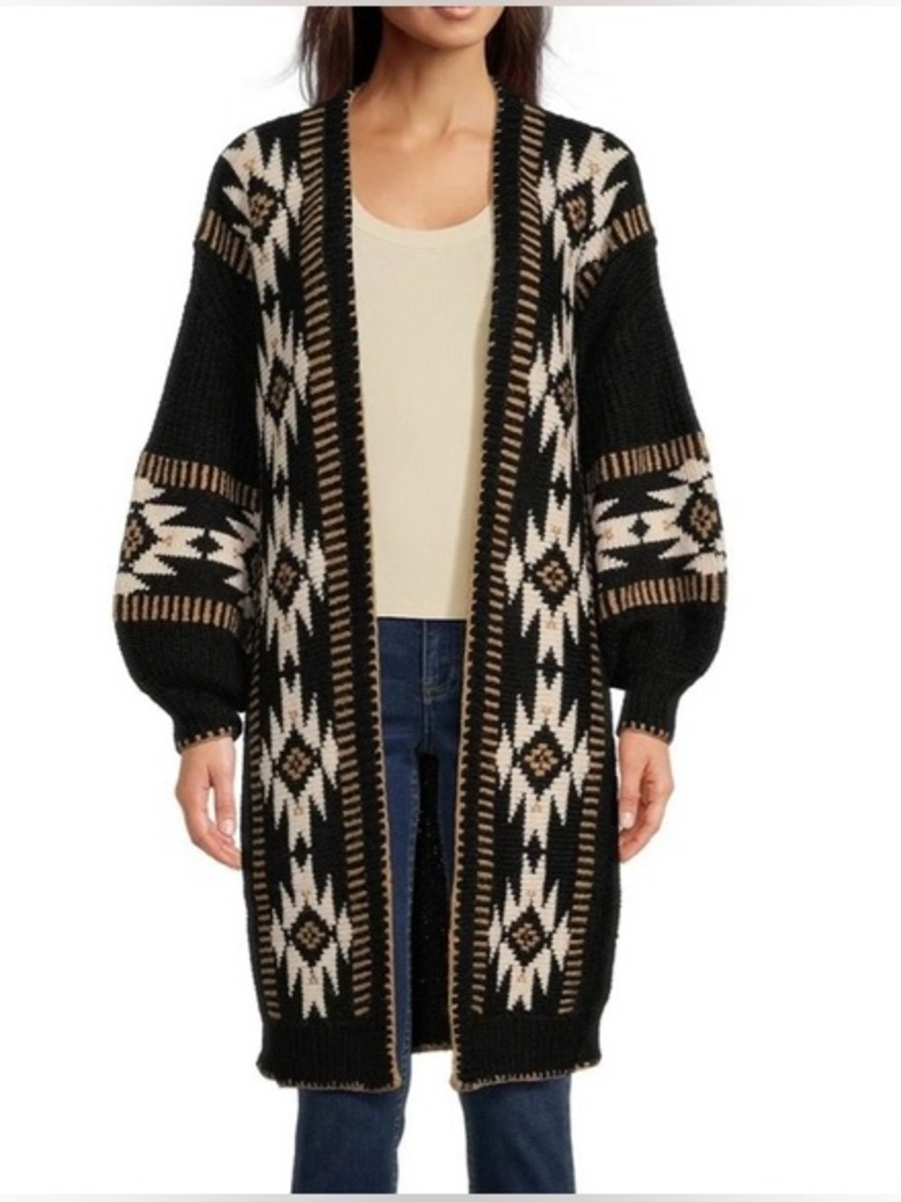 Driftwood Aztec Southwestern Open Front Midi Knit‎ Cardigan Sweater Size Large
